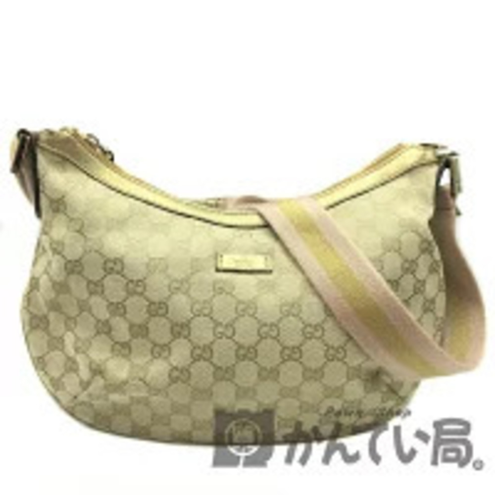 GUCCI GG Canvas Shoulder Bag Crossbody Beige Metallic Gold Leather